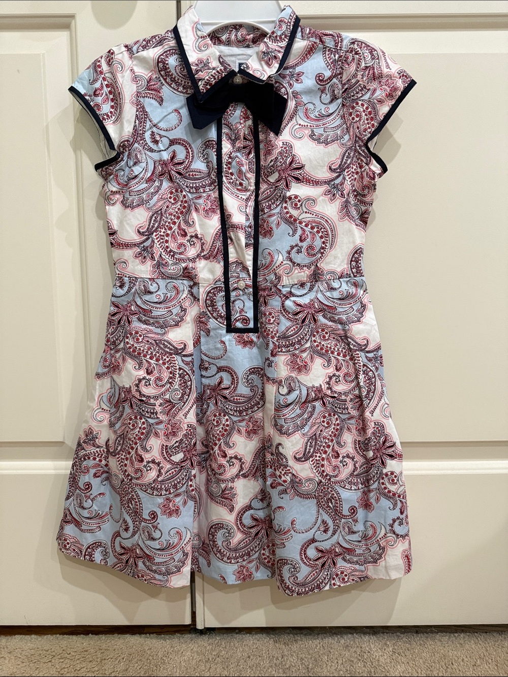 Janie and Jack Pink and Light Blue Paisley Dress with Navy Bow